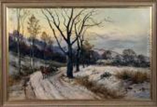 Winter Scene With Horsedrawn Carriage On Snow Covered Road,house In Distance - view 1
