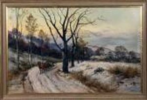 Winter Scene With Horsedrawn Carriage On Snow Covered Road,house In Distance by James Brade Sword