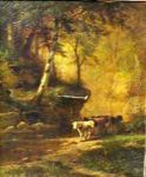 Cattle In A Wooded River Glade - view 1
