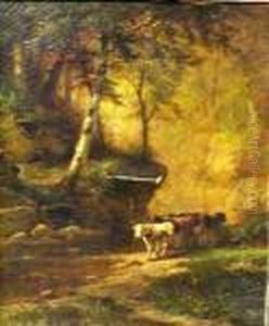 Cattle In A Wooded River Glade by James Brade Sword