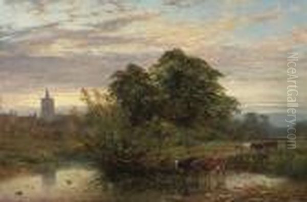 Cattle Watering, Sunset - view 1