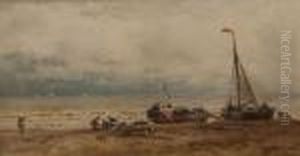 Coastal Scene With Figures And Boats by John Syer