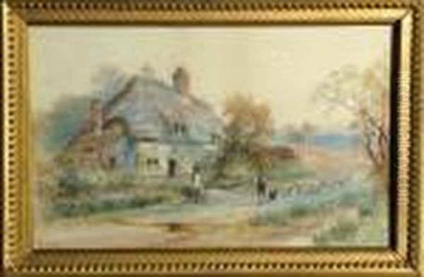 A Shepherd And Flock Passing A Thatched Cottage - view 1