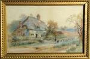 A Shepherd And Flock Passing A Thatched Cottage