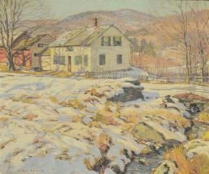Winter Scene With Brook And Houses by George Gardner Symons