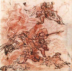 A kneeling figure crowned with laurels writing on a scroll, surrounded by putti holding Saint Veronica's veil and burning books, with a winged horse by Baldassarre Franceschini