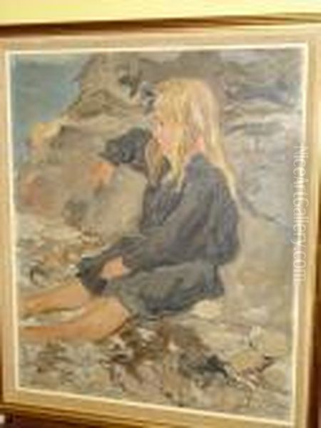 'bretagne Puerile', Study Of A
Girl Seated On Rocks, Signed, Inscribed On Label On Reverse - view 1