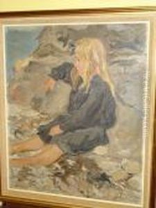 'bretagne Puerile', Study Of A
Girl Seated On Rocks, Signed, Inscribed On Label On Reverse by Tancrede Synave