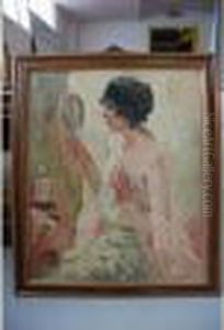 Dame Au Miroir Huile Sur Toile Signee En Bas A Gauche 73 X 60cm