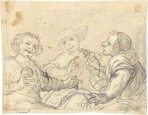 Two drinkers at a table mocking Arlotto Mainardi, who holds a flask of wine by Baldassarre Franceschini