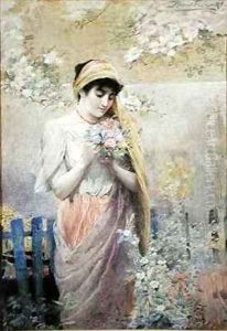 Study of a girl with a bouquet of flowers in a garden by Robert Fowler