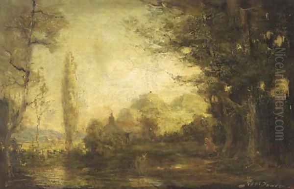 Figures by a river in a wooded landscape - view 1