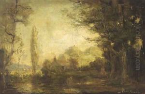 Figures by a river in a wooded landscape by Robert Fowler