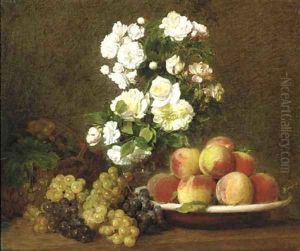 White roses in a vase with peaches and grapes on a table by Victoria Dubourg