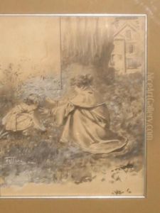 "in Giardino" Disegno Ad Acquarello E Biacca Firmato In Basso A Sinistra, In Cornice by Cesare Tallone