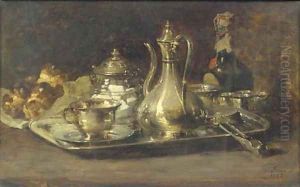 A silver tete à tete, a bottle and brioches on a table by Guillaume-Romain Fouace