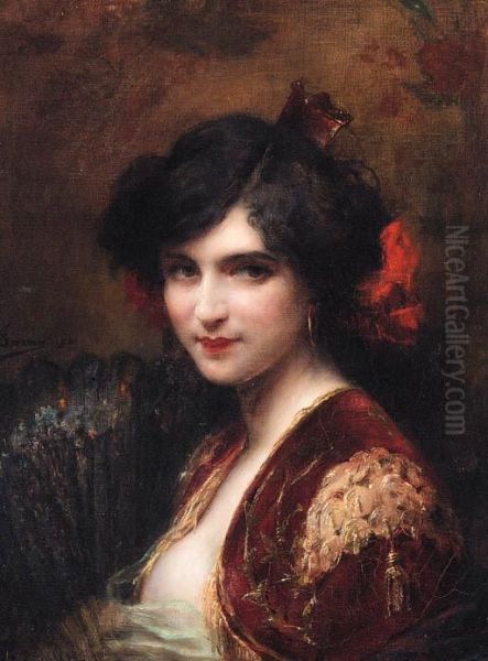 Portrait Of A Spanish Lady,
Bust-length, Wearing A Red Jacket Withgold Brocade, Holding A Fan - view 1
