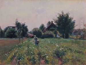 Pejzaz Wiejski Z Kobieta Niosaca Kosz by Czeslaw Tanski