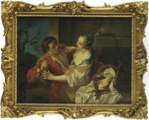 An Amorous Couple In A Domestic Interior With A Landscape Beyond