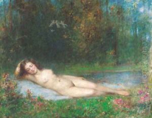 A nymph lying in a wooded river landscape by Arthur von Ferraris