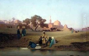 A village along the Nile near Cairo by Charles Theodore Frere