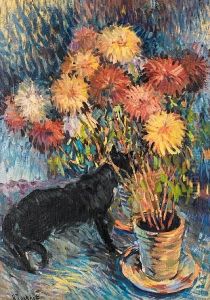 Still Life With Flowers And A Black Cat by Nikolai Aleksandrovich Tarkhov