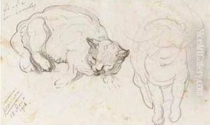 Two Studies Of Sleeping Cats: 'fi-fils En Couche' And 'go-mi Et Ses Petits' by Nikolai Aleksandrovich Tarkhov