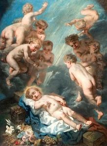 Le Christ Enfant Avec Les Instruments De La Passion Dans Une Nuee D'angelots