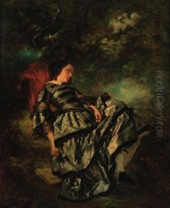 A Lady In An Elegant Dress Reclining Under A Tree