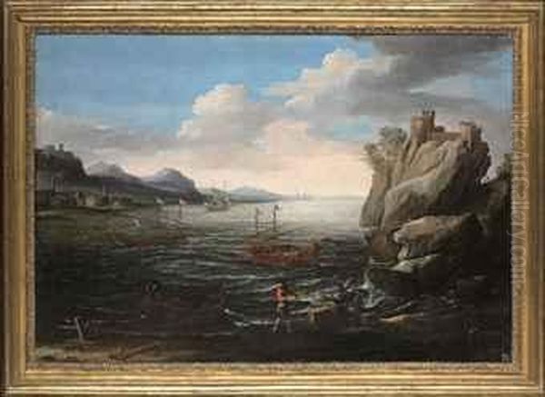 A Coastal Landscape With
Fishermen On The Shore, A Genoese Galleyand Other Vessels And A Hilltop
Fortress Beyond - view 1