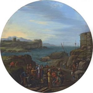 A Coastal Inlet With A Fortified
 Tower And Traders In The Foreground, A Ship Being Caulked Beyond