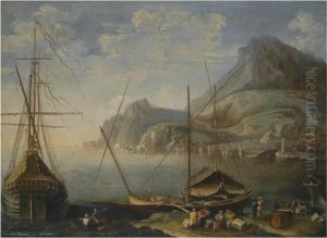 A Mediterranean Costal Scene With Figures Unloading Cargo From Boats In The Foreground