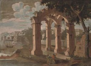 A Mediterranean Coastal Landscape With Figures Amongst Ruins