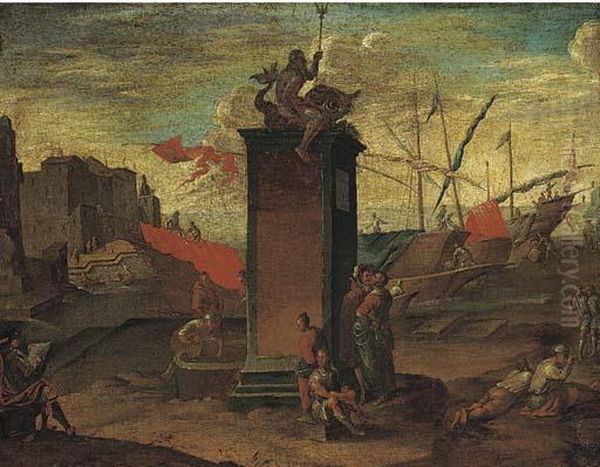A Mediterranean Harbour With A
Statue Of Neptune Being Sketched Byan Artist, A Maltese Ship Moored
Beyond - view 1