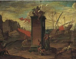 A Mediterranean Harbour With A
Statue Of Neptune Being Sketched Byan Artist, A Maltese Ship Moored
Beyond by Agostino Tassi