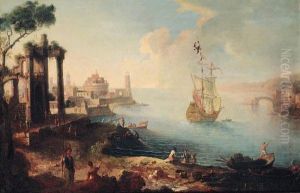 A Capriccio Of An Eastern Harbour With Fisherfolk On The Shore, Aman-o'-war Beyond