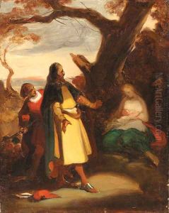 An elegant traveller discovering a woman and child in a landscape--a sketch