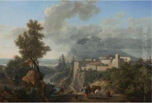 A View Near Messina, With 
Peasants And Animals Along A Path And A View Of A Fortified Town Beyond