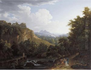 Arcadian Landscape With A Couple And Child Dancing On A Path By A River