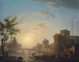 A Mediterranean Port At Sunset, With A Lady Embarking A Boat, A Bridge Beyond