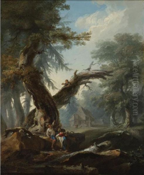 Landscape With A Couple By The
Edge Of A Wood, A Young Child In A Tree Above Holding A Bird's Nest - view 1