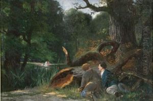 Bathers In A Glade Observed By Men From Behind A Tree