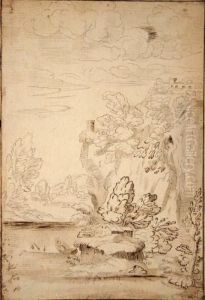 Paesaggio Con Caseggiato E Borgofortificato Sullo Sfondo Paesaggio Con Caseggiato E Borgofortificato Sullo Sfondo