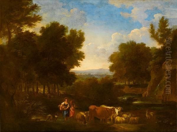 A Wooded Landscape With Peasants
 Resting; Anda Landscape With A Woman And A Young Boy Watering Their 
Cattle Andsheep At A River - view 1