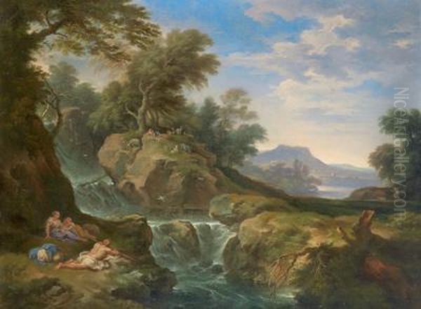 Paese Con Pastori In Riva A Un Lago; Paesaggio Roccioso Con Cascata - view 1