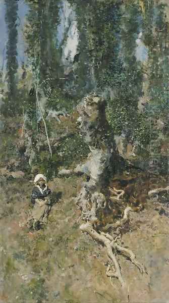 A young girl in a wooded landscape - view 1