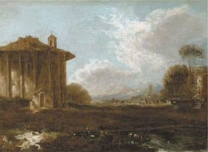 An Italianate Landscape With Figures Strolling Near A Ruin Of A Classical Temple by Carlo Antonio Tavella, Il Solfarola