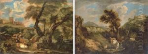 An Italianate Landscape With Herdsmen Driving Cattle by Carlo Antonio Tavella, Il Solfarola