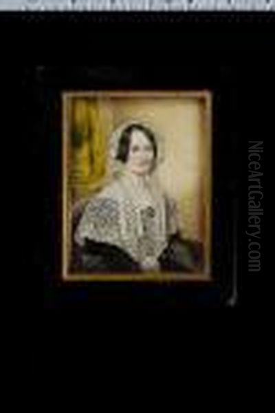 A Lady, Called Mrs Baker (nee
Charlotte Hamilton), Seated, Wearing Black Dress With Large White Lace
Collar And White Bonnet With Roses By Her Ears - view 1