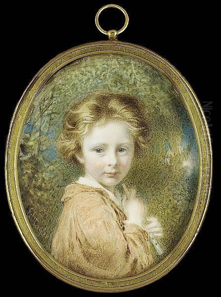 A Young Boy, Called Alick, 
Possibly Alexander Hohenlohe, Wearing Rust-coloured Tunic Over White 
Chemise, He Holds A Pipe - view 1
